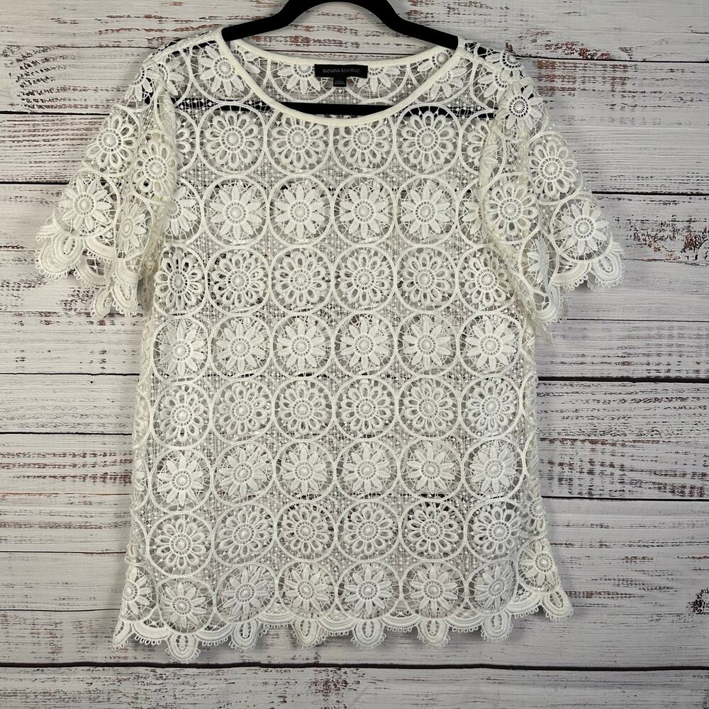 Banana Republic White Floral Lace Open Crochet Short Sleeve Top Boho Womens Sz M